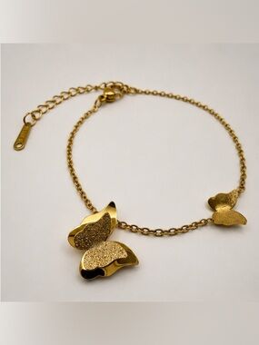 Gold Tone Stainless Steel Double Butterfly Bracelet Womens Dainty Charm Chain